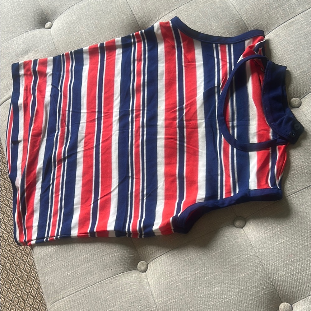 Jane Hunter Vintage 100% Nylon Orange Blue Striped Button Neck Strap Blouse